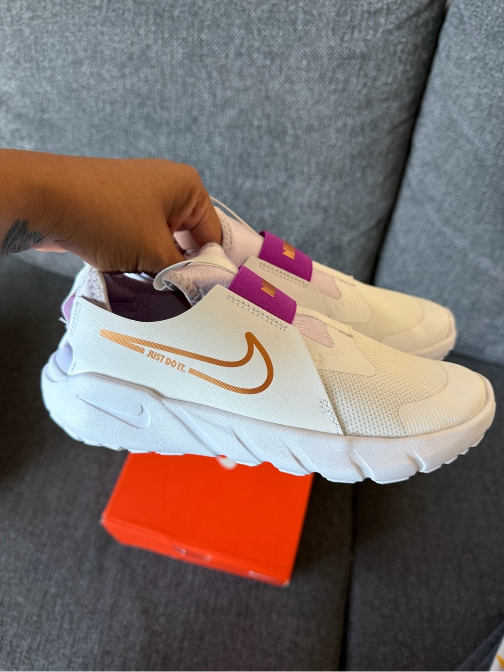 Nike White Kids Slip-On Sneakers with Purple Strap and Gold Swoosh - Picture 3 of 4